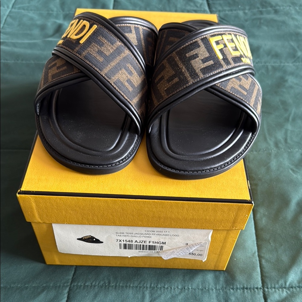 Fendi Black and Brown FF Monogram Slides